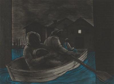 four shadowy figures in rowboat with buildings in middle ground, with a square white window in building at right; blue water