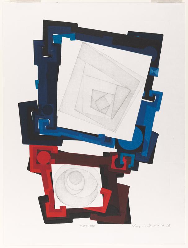 concentric light gray squares upper half within blue frame with interlocking circles and angles; concentric light gray circles lower, within similar red frame