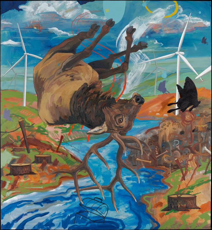 upside down buck floating over landscape with river at center; white, wind turbines in green hills visible on either side of the buck in background, while broken barbed wire fences and tree stumps flank the animal in the mid and foreground; in RCQ, a patch of brown ground is littered with skulls and bones; black and purple butterfly silhouettes are scattered throughout (one on L and three on R), as are blue and yellow shapes in URQ, a red tree is in the ULQ, and the outline of a round-top chest in the river at BC; behind the buck is the outline of a curving road in red, coming from a four point star at TC