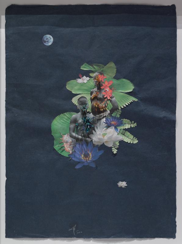 black and white photographic images of heads and torsos of two topless young Black women wearing armlets and earrings, with spots or scarifications on their bellies; touches of gold on women's jewelry; large purple, orange, and white flowers surround women, with leaves behind them; moon in ULQ; white flower in LRC; wires or pins with beads stuck into women's chests, mouths, and eyes, with orange and yellow beads on topmost woman and blue and green beads on lower woman; dark blue ground; received framed in shadowbox